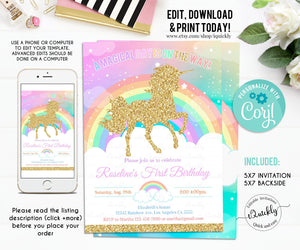 Rainbow Unicorn Birthday Invitation EDITABLE, Unicorn party, Magical Unicorn, Unicorn invite, Unicorn and Rainbow Pastel Instant download