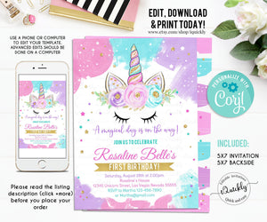 Editable Unicorn Invitation, Unicorn Birthday Invitations Party, Magical Unicorn Invite, Girl Digital Instant Download