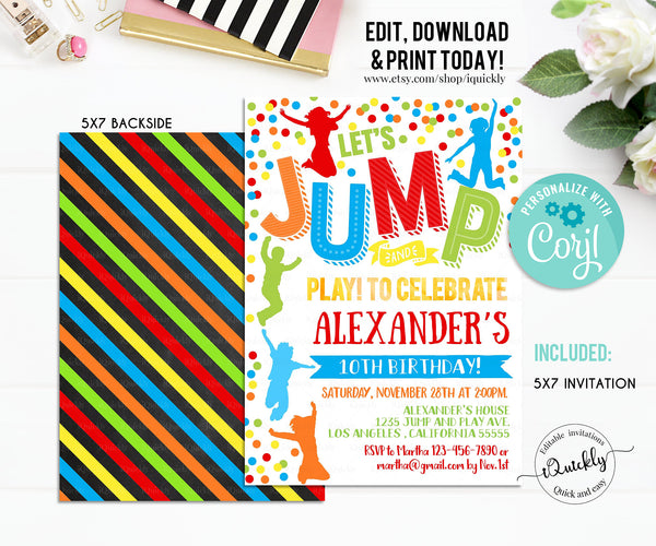 Jump Bithday Invitation, EDITABLE Jump Invitations Trampoline Party Bounce House Party Jump Party Let's Jump Party Instant Download Corjl