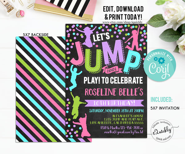 Jump Invitation, EDITABLE Jump Birthday Invitation Trampoline Girl Bounce House Party Jump Party Let's Jump Party Instant Download Corjl