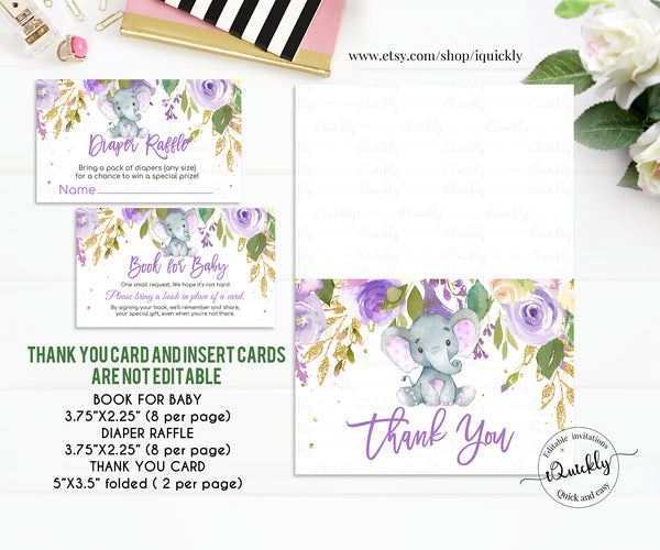 Elephant Baby Shower Invitation Set Girl Purple EDITABLE Pack, Book for baby, Diaper raffle Package Floral Flower Instant Download Printable