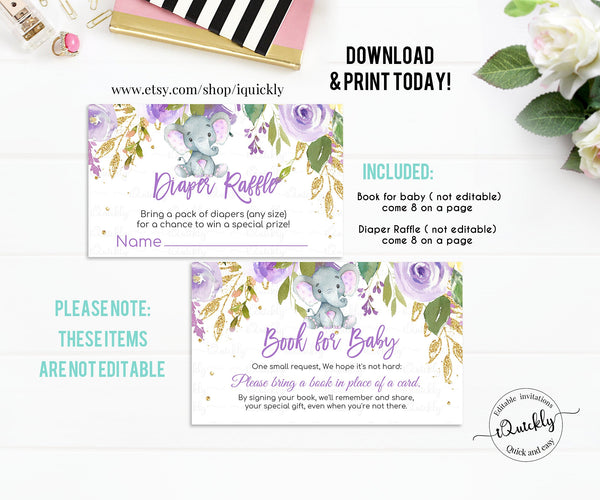 Elephant Baby Shower Invitation Set Girl Purple EDITABLE Pack, Book for baby, Diaper raffle Package Floral Flower Instant Download Printable