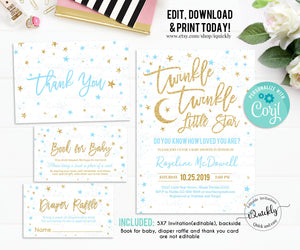 EDITABLE Twinkle Twinkle Little Star Baby Shower Invitation Set, Boy Shower package, Blue and Gold Pack, Instant Download Template Digital