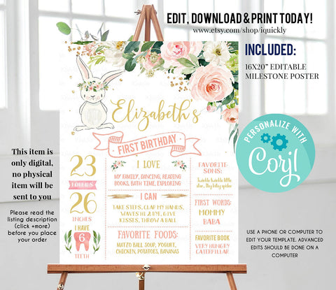 Bunny Milestone Poster, EDITABLE First Birthday Chalkboard sign, Pink and gold Milestone board 1st birthday board Instant download Printable