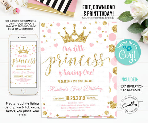 Editable Princess Birthday Invitation, Pink and Gold Little Princess Invitations, first Gold Girl Invite, Instant Download Template Digital