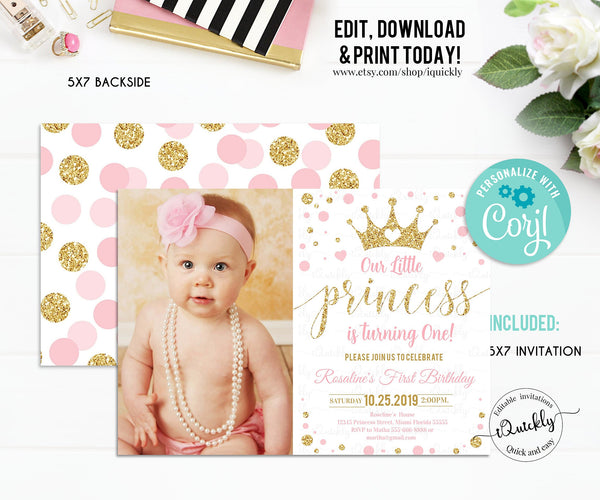 Princess Birthday Invitation, EDITABLE Pink and Gold Little Princess Invitations, Photo Gold Girl Invite, Instant Download Template Digital