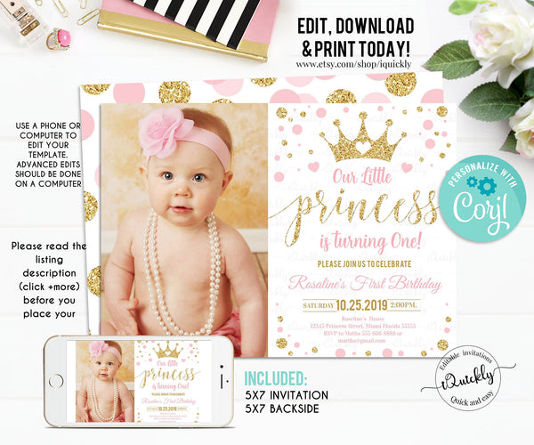 Princess Birthday Invitation, EDITABLE Pink and Gold Little Princess Invitations, Photo Gold Girl Invite, Instant Download Template Digital
