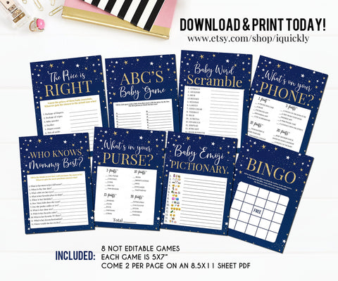 Twinkle twinkle little Star Baby Shower Games, Gender Neutral Baby Shower Game Bundle, Navy and Gold, Moon and Star Instant Download Digital