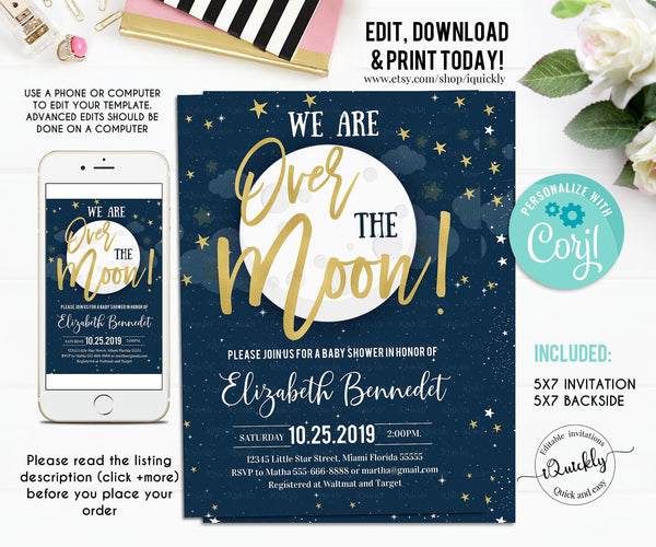 EDITABLE Moon and Star Baby Shower invitation, Over the Moon Invites, Space themed Invitations, Galaxy Instant download Printable Template 3