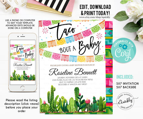 Editable Fiesta Baby shower Invitation, Cactus, Taco Bout Baby, Gender Reveal Couples Shower, Gender Neutral Taco Tuesday Instant download