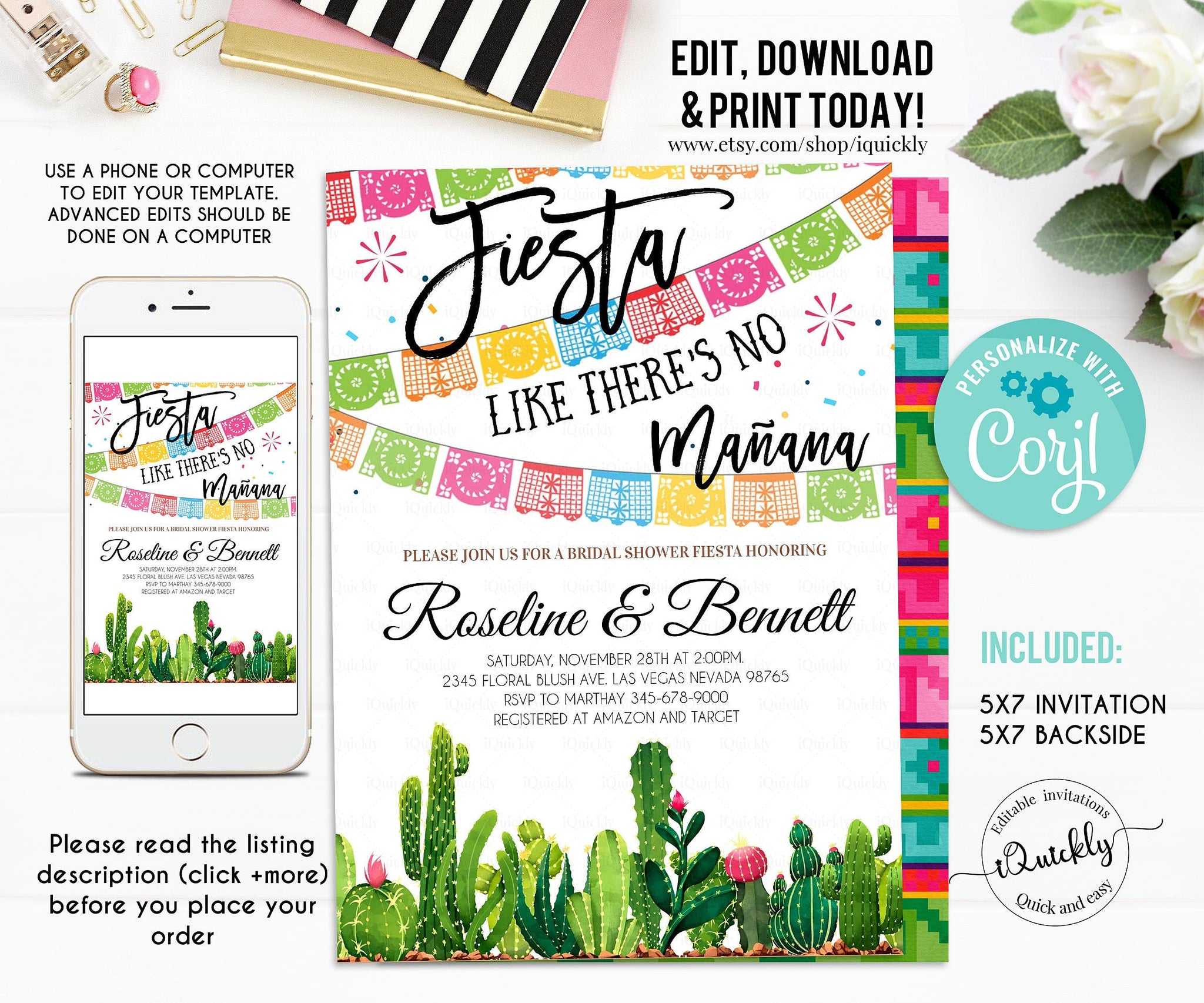 Editable Fiesta Bridal Shower Invitation, Cactus, Taco Bout Love Baby, Couple Bridal Shower Taco Tuesday Instant download Template Printable