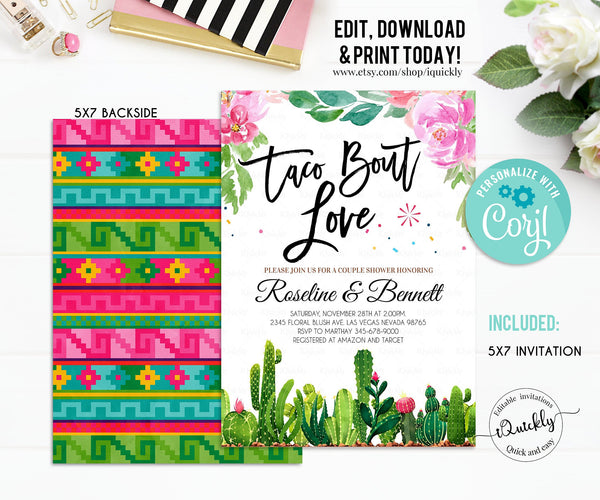Fiesta Bridal Shower Invitation EDITABLE, Cactus, Taco Bout Love Baby, Couple Bridal Shower Taco Tuesday Instant download Template Printable