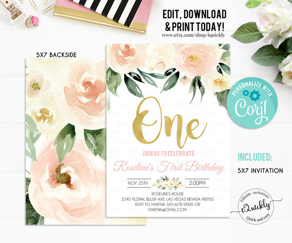 EDITABLE Floral Greenery Baby's First Birthday Party Invitation, Printable 1st Birthday Invite Template, Boho Girl, One Instant download