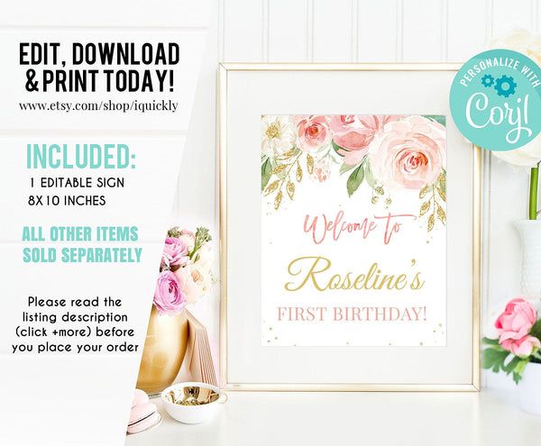 EDITABLE Blush Pink Floral Party package, Printable Decorations, 1st Birthday Invitation Set Template, Boho Girl, Instant download Digital