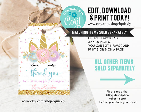 EDITABLE Unicorn Thank you card, Magical unicorn First Birthday Note card, Printable 1st Birthday Invite Template, Girl, Instant download