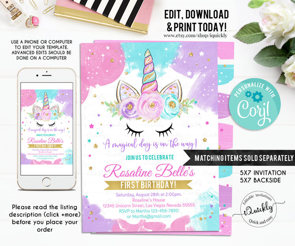 Unicorn Thank you card, EDITABLE Magical unicorn First Birthday Note card, Printable 1st Birthday Invite Template, Girl, Instant download