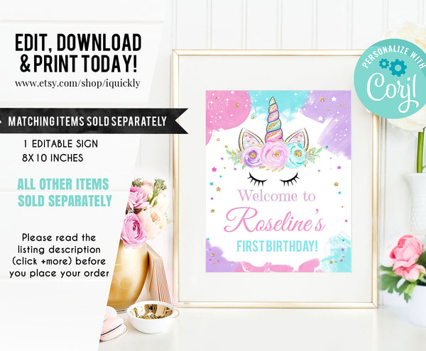 EDITABLE Unicorn Banner, Happy Birthday Banner, Printable 1st Birthday buting banner, Baby Shower Template, Boho Girl, Instant download