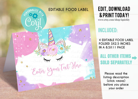 EDITABLE Unicorn Food tags Buffet label Tent card Food Labels Place Cards Table Card Printable Template, Unicorn party Girl Instant download