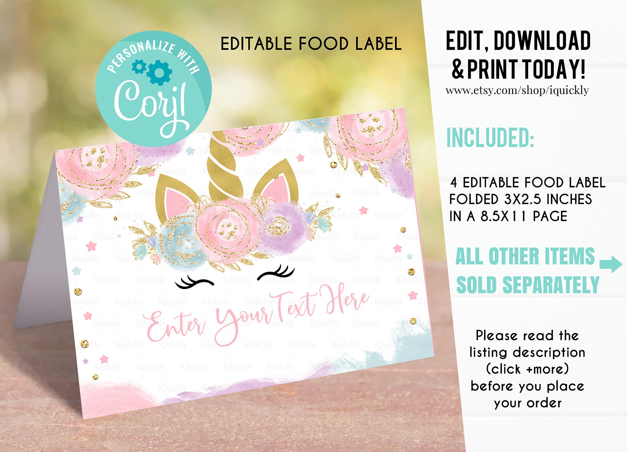 EDITABLE Unicorn Food tags Buffet label Tent card Food Labels Place Cards Table Card Printable Template, Unicorn party Girl Instant download