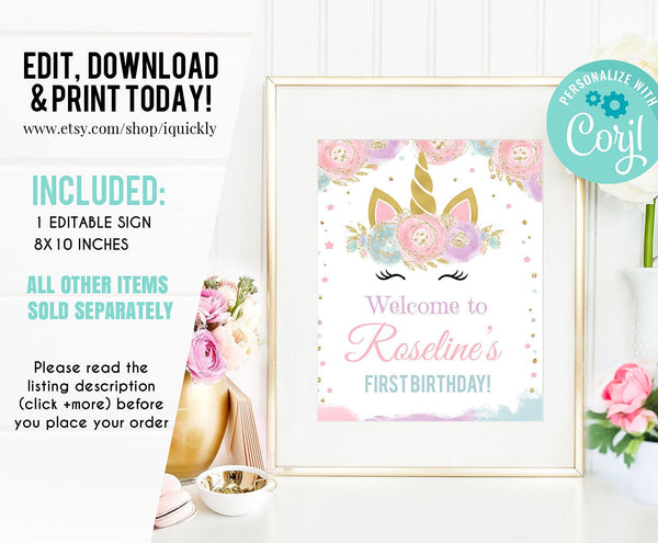 Editable Unicorn Welcome sign, Unicorn Party, Unicorn Birthday, Magical Unicorn Sign, Girl gold Template Digital Instant Download 2