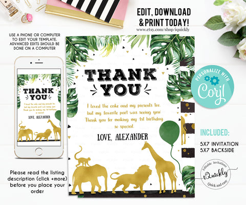 Jungle gold Photo Thank you card, EDITABLE One Thank you Note Black and Gold Safari Animals Boy Instant Download Printable Template