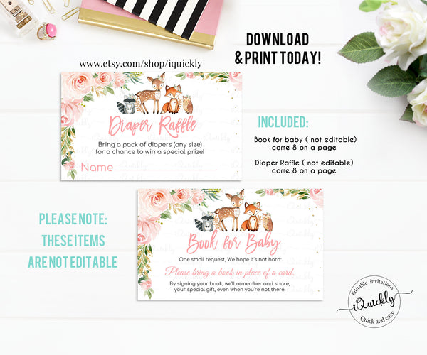 Woodland Baby Shower Invitation Set, EDITABLE Girl Pack, woodland animals invitations Package, Woodland Theme Instant download Template