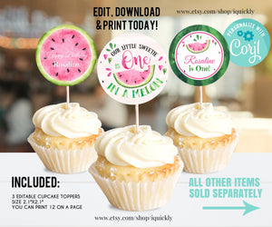 EDITABLE Watermelon Cupcake Toppers, One in a melon Circle Party Decorations, Pink Watermelon Cake toppers Instant download Template