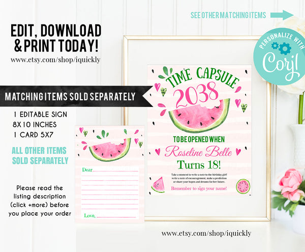 EDITABLE Watermelon Bottle Label, One in a melon Water labels Printable Birthday Template, Melons Girl One Party decor Instant download