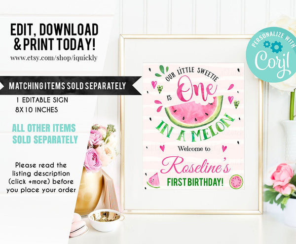 EDITABLE Watermelon Banner, Happy Birthday Banner, Printable 1st Birthday bunting banner, One in a melon Template, Girl Instant download