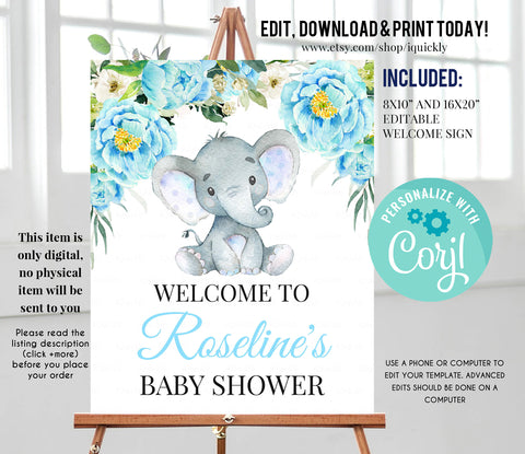 Elephant Baby Shower Welcome Sign, EDITABLE Boy Elephant, Blue Birthday sign, Party decorations instant download Template Digital
