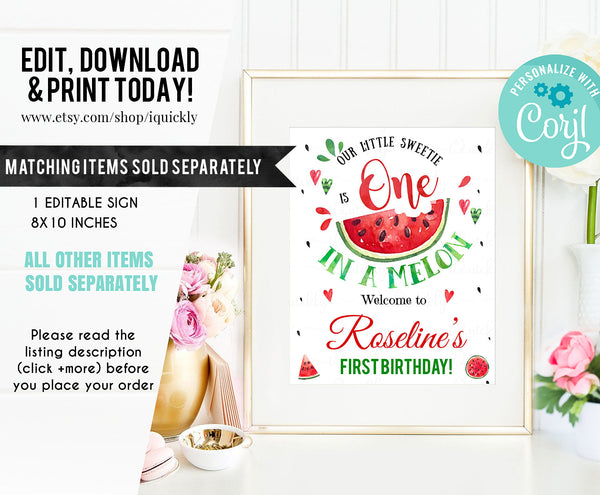 EDITABLE Watermelon Bottle Label, Red One in a melon Water labels Printable Birthday Template, Melons Girl One Party decor Instant download