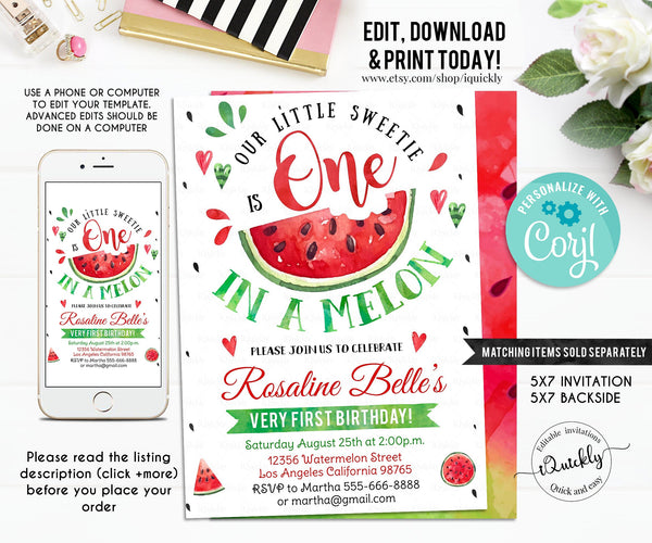 EDITABLE Watermelon favor tags, Thank you tags, Gift Tags Red One in a Melon favor Printable Template GIRL One Party favors Instant download