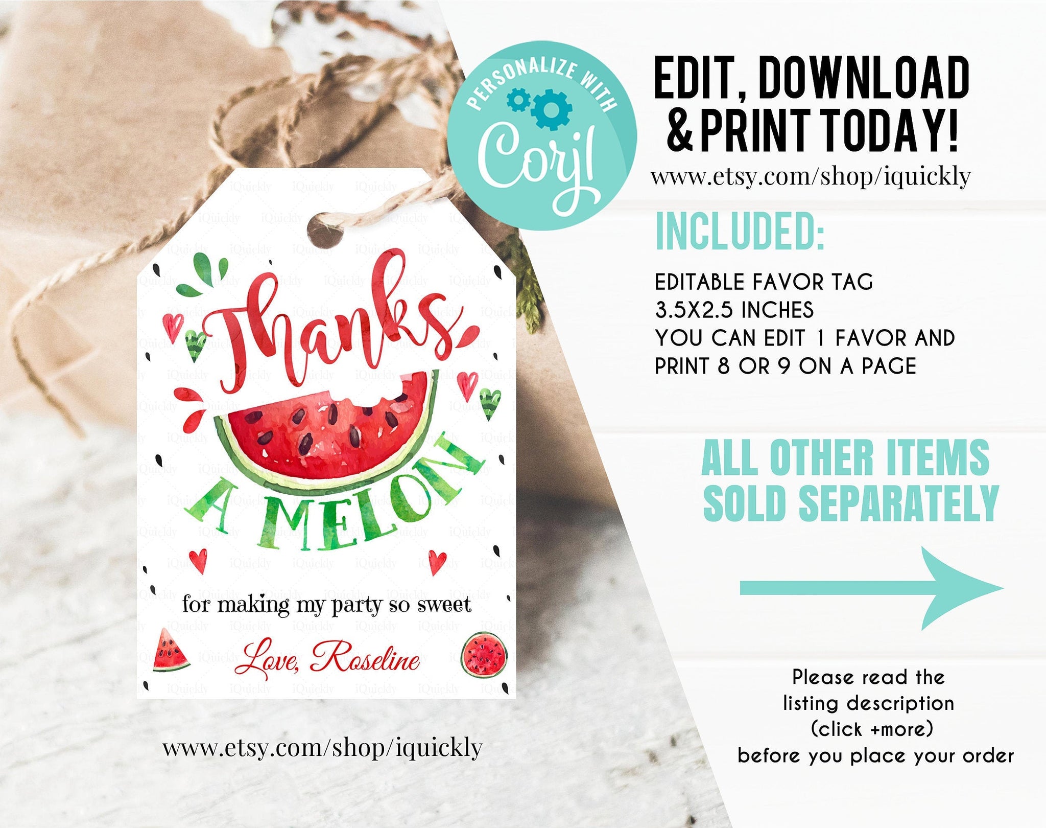 EDITABLE Watermelon favor tags, Thank you tags, Gift Tags Red One in a Melon favor Printable Template GIRL One Party favors Instant download