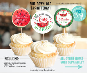 EDITABLE Watermelon Cupcake Toppers, Red One in a melon Circle Party Decorations, Pink Watermelon Cake toppers Instant download Template