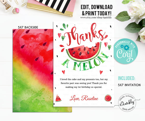 EDITABLE Watermelon Thank you card, Red One in a melon Note card, Watermelon Printable Template, Girl One Instant download