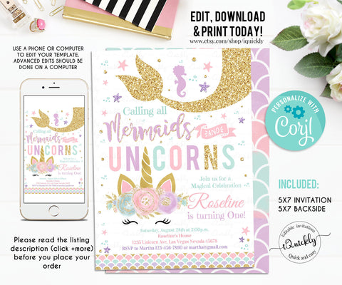 Editable Mermaid And Unicorn Birthday Invitation, Magical Unicorn, Mermaid Invite Unicorn Magical Party Instant Download Printable digital 5