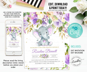 Elephant Baby Shower Invitation Girl EDITABLE Purple Shower Invitations Jungle Safari Shower Invite Floral Flower Instant Download Printable