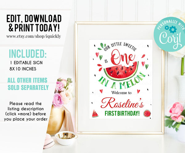 Editable Watermelon Party Package, Red One in a melon Party Decorations, Birthday Invitations Girl Invites Template Digital Instant Download