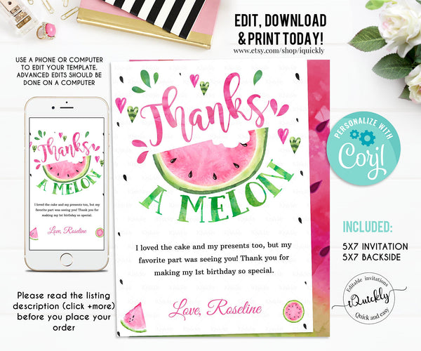 Editable Watermelon Party Package, One in a melon Party Decorations, Birthday Invitations, Girl Invites Template Digital Instant Download