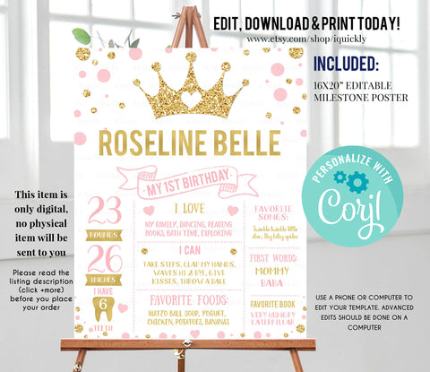 Princess Milestone Birthday Poster Sign, EDITABLE Pink and gold First Birthday Chalkboard, Stats Board First Year Poster Instant download