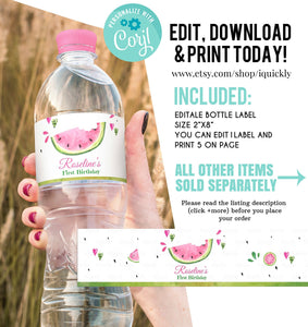 EDITABLE Watermelon Bottle Label, Pink One in a melon Water labels Printable Birthday Template, Melons Girl One Party decor Instant download