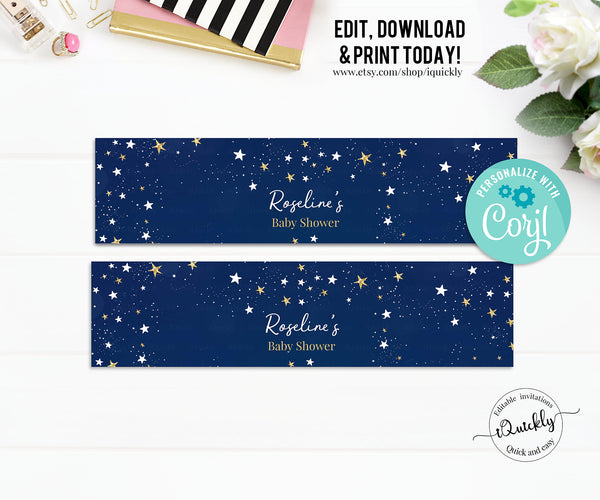 EDITABLE Twinkle Twinkle Little Star Bottle Label, Water labels Printable Baby shower Template, Navy and gold Boho Girl, Instant download