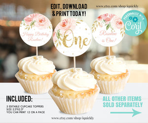 EDITABLE Floral blush pink Cupcake Toppers, Girl Baby Shower Decorations, Birthday Pink & gold Cake toppers Instant download Printable