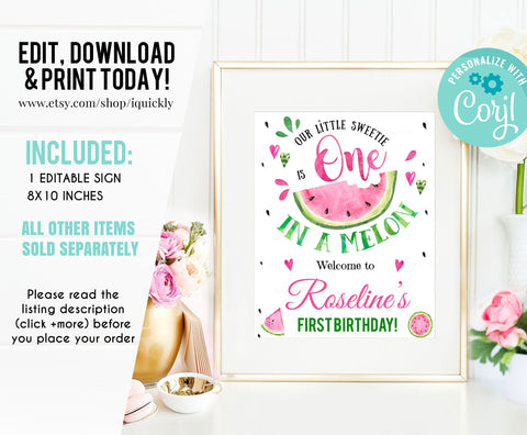 EDITABLE Watermelon Birthday Party Welcome sign, One in a melon Printable 1st Birthday Decorations Template, Girl One Instant download