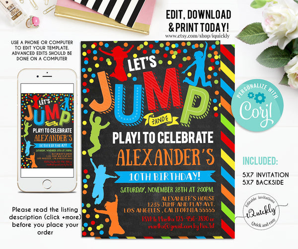 Jump Invitation, EDITABLE Jump Birthday Invitation Trampoline Party Bounce House Party Jump Party Let's Jump Party Instant Download Corjl