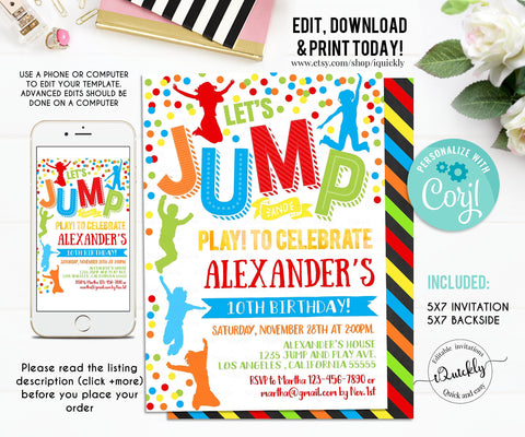 Jump Bithday Invitation, EDITABLE Jump Invitations Trampoline Party Bounce House Party Jump Party Let's Jump Party Instant Download Corjl