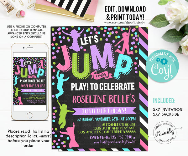 Jump Invitation, EDITABLE Jump Birthday Invitation Trampoline Girl Bounce House Party Jump Party Let's Jump Party Instant Download Corjl