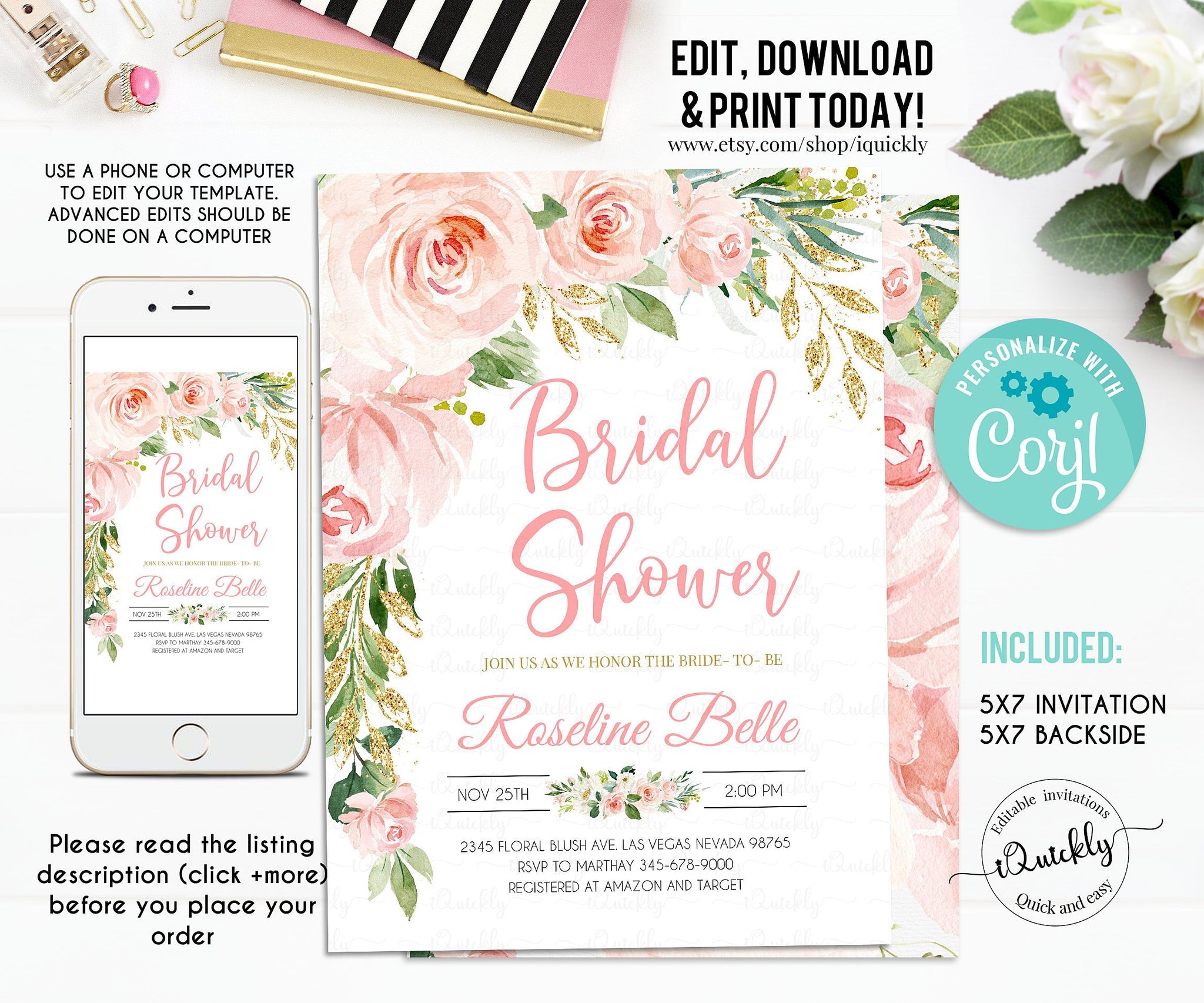 Bridal Shower Invitation,  Blush and Gold Floral Bridal Shower Invitations, EDITABLE, Flower Pink Invite Template Printable Instant download