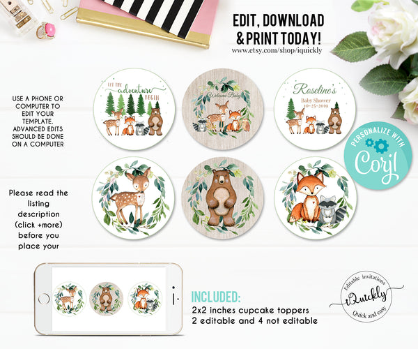 EDITABLE Woodland baby shower Cupcake Toppers, Gender neutral Baby Shower Decorations, Birthday Cake toppers Instant download Printable