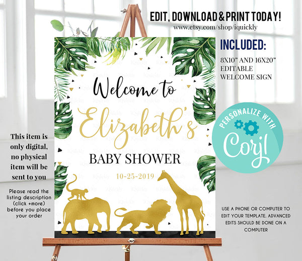 Jungle Gold Baby Shower Welcome sign, EDITABLE Jungle Birthday sign decoration Elephant Giraffe Wild One Instant Download Printable template